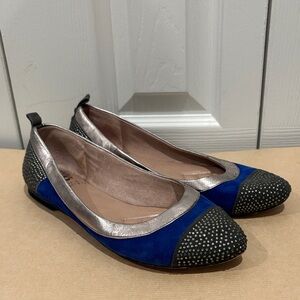 Vince Camuto Cobalt Blue Suede Flats with Silver Trim and Studded Black Cap